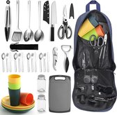 Camping-Essentials set voor campingkookgerei en outdoor koken met bestek en servies