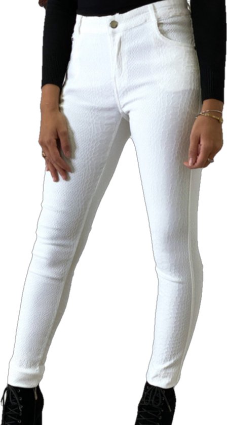 Pantalon skinny mode Dilena blanc avec imprimé animal python