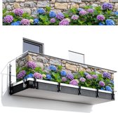 Balkonscherm 500x110 cm - Balkonposter Hortensia - Bloemen - Bladeren - Stenen - Balkon scherm decoratie - Balkonschermen - Balkondoek zonnescherm