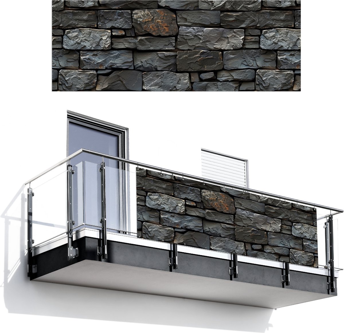 Balkonscherm 300x110 cm - Balkonposter Steenlook - Antraciet - Grijs - Balkon scherm decoratie - Balkonschermen - Balkondoek zonnescherm
