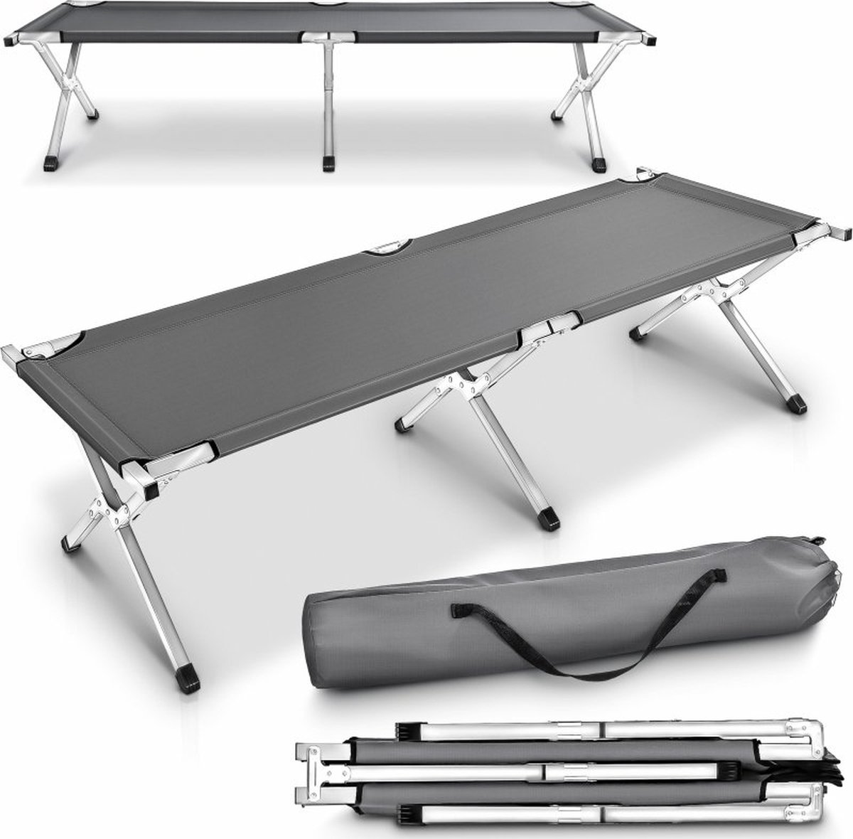 TRESKO® XXL Campingbed Veldbed 190 x 64 x 44 cm Metalen Buis | Belastbaar tot 150 kg | Opklapbaar Logeerbed met Draagtas | Lichtgewicht Klapbed voor Camping Festival Vissen Tuin