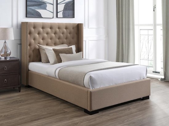 Bed 120 x 200 cm met hoofdbord met capitons - Stof - Beige - MASSIMO L 143.5 cm x H 141.5 cm x D 215.5 cm