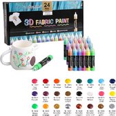 Onsale!Premium 3D Fabric Stift set(24 stuks)- incl. 3 penselen | wasbestendig-Acrylstiften- 3D Markers-Hobbyverf- textielverf-voor canvas, hout, keramiek, stof en ambachten - Rijke pigmenten met duurzame kwaliteit - voor DIY Festival Decoraties