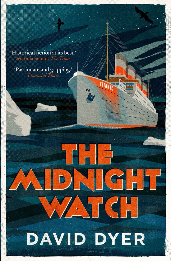 Boek 'The Midnight Watch' van David Dyer, met op de cover de Titanic die vaart in de nacht met ijsbergen.