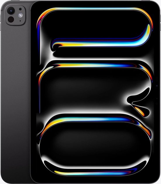 Donkergrijze iPad Pro met abstracte, veelkleurige lijnen op het scherm.