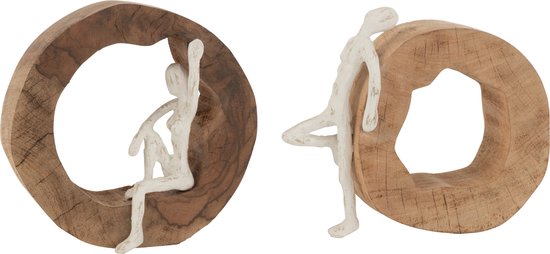 J-Line figuur Rustend - hout/metaal - naturel/wit - 2 stuks