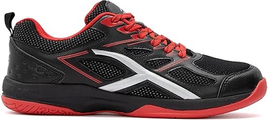 HUNDRED Xoom Non-Marking professionele badmintonschoenen voor heren (zwart/rood, maat: UK 12/US 13/EU 46) | Materiaal Bovenwerk: Polyester, Zool: Rubber | Geschikt voor indoor badminton/tennis/squash/tafeltennis/basketbal en padel