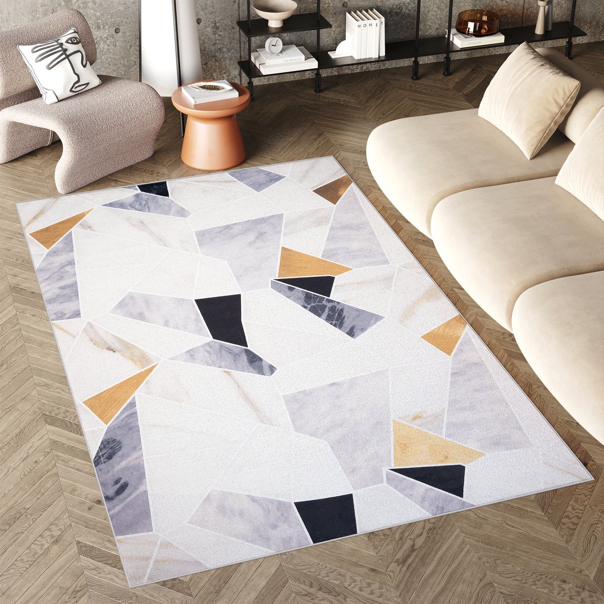 Tapiso Flannel Printed Vloerkleed Grijs Geometrisch Antislip Wasbaar Tapijt Maat- 120x170 Grijs Zwart