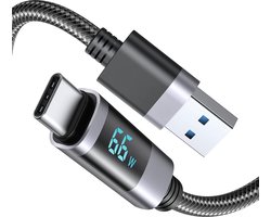 Phreeze USB C naar USB A Kabel met LED Display - 1,2 meter - Snellader & Datasynchronisatie - Oplaadkabel geschikt voor o.a. Samsung, iPhone 15 & iPad - Zwart