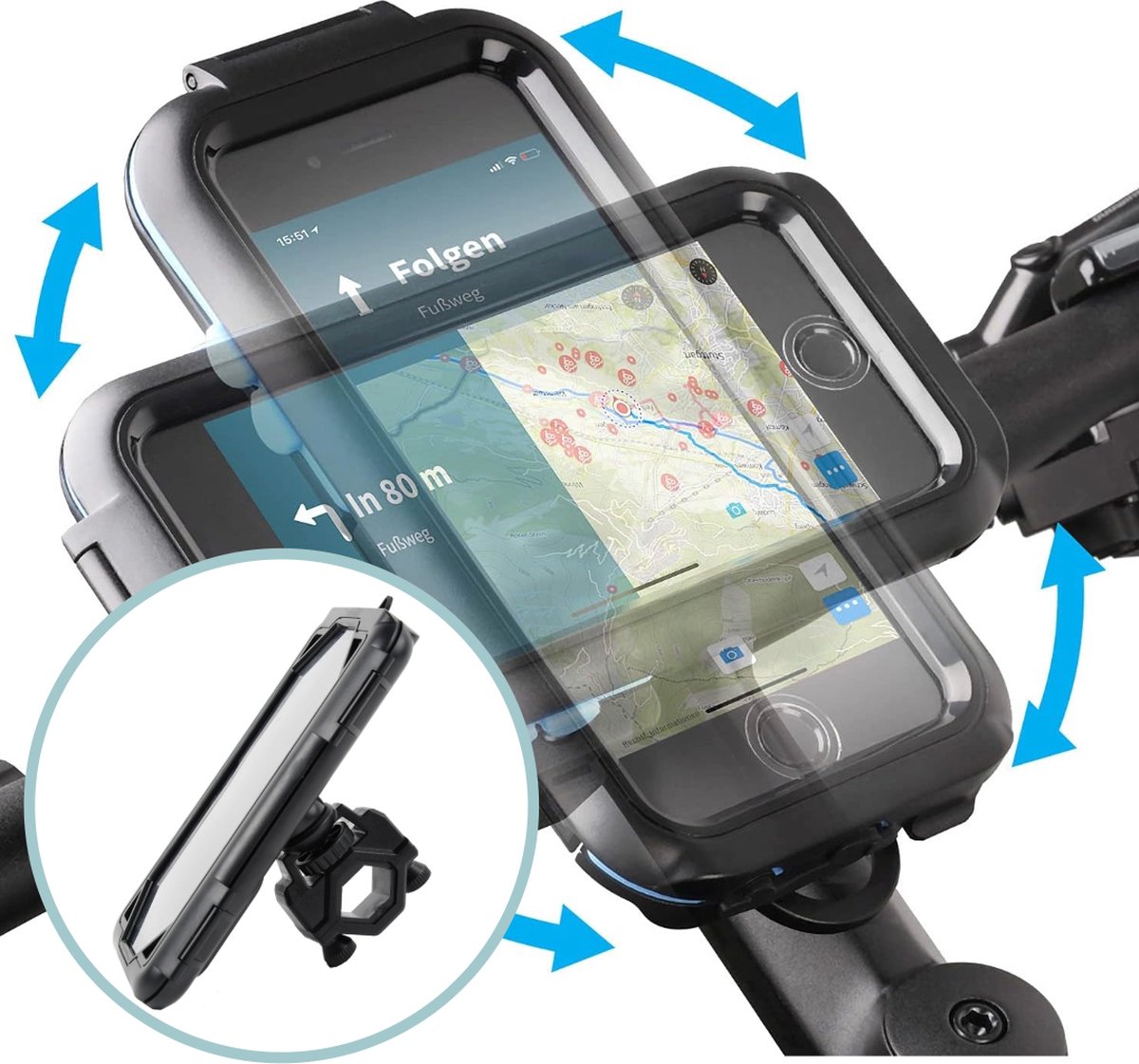 Telefoonhouder Fiets - Stuurbevestiging - Waterdicht - 360 Graden Draaibaar - Anti-Schok - Universeel - Zwart