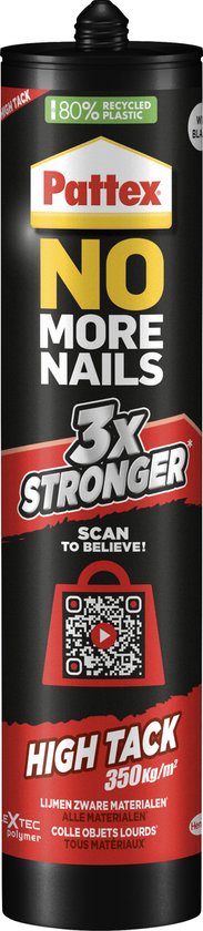 Pattex No More Nails High Tack 350 kg/m³ kitkoker met rode dop en spuitmond. Tekst: 80% RECYCLED PLASTIC, 3x STRONGER.