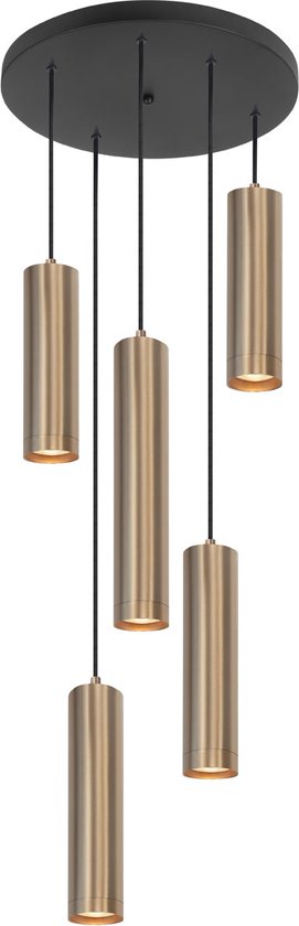 Hanglamp Perugia | 5 lichts | goud / zwart | getrapt | in hoogte verstelbaar tot 160 cm | Ø 5,5 cm | Ø 35 cm | 5 x GU10 fitting | eetkamer / keuken | modern / klassiek / sfeervol design | max 5 x 5 Watt | neerwaartse spotlight | Stoffen snoeren