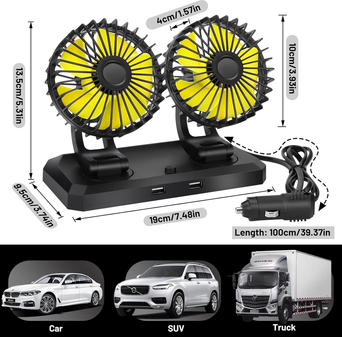 Lescars Kfz-Doppel-Ventilator für 12-V-Anschluss, mit 2 Stufen, 6,5 Watt