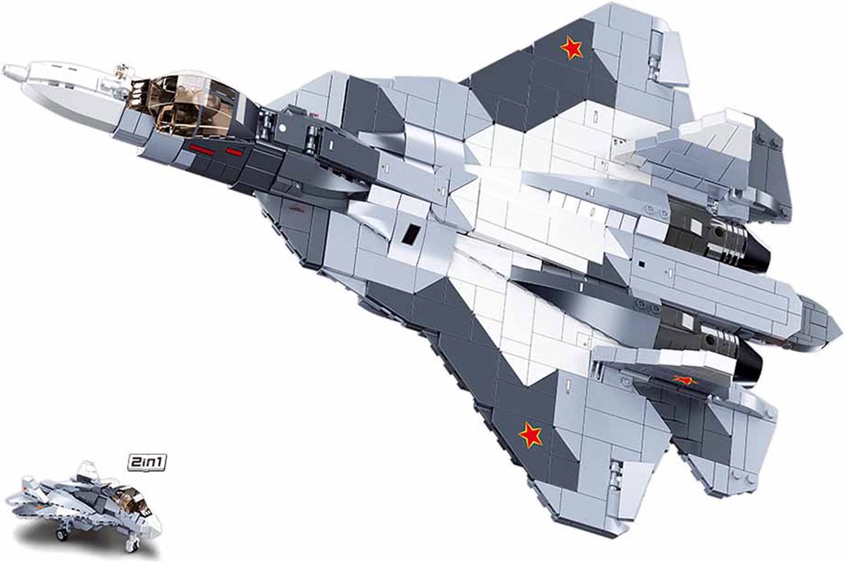 Sluban ModelBricks Straaljager SU-57 2-in-1 bouwspeelgoed kinderen vanaf 8 jaar – Constructiespeelgoed modelbouw gevechtsvliegtuig – bouwdoos met 893 bouwstenen M38-B0986