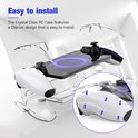 Een Playstation Portal met controllers, omgeven door een transparante beschermhoes. "Easy to install".