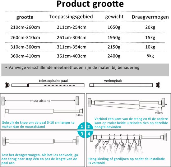 CALIYO Douchegordijnstang Zonder Boren 260 tot 310 cm Uitschuifbaar