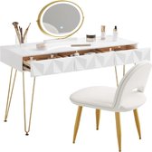 Make-uptafel met ledverlichting in 3 lichtkleuren, gevoerde fluwelen stoel, make-uptafel met 3 schuifladen van massief hout, met 3D-effect, 360° draaibare spiegel, wit + goud