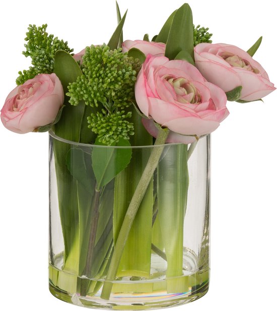 J-Line Renoncule Dans Vase Plastique Verre Rose/Vert Small