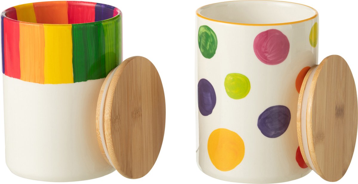 J-Line voorraadpot Polka Stip Streep - porselein - mix - 2 stuks