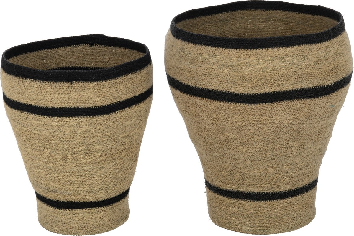 J-Line mand Rond Gestreept Marie - zeegras - naturel - set van 2