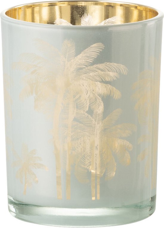 J-Line windlicht Palmbomen - glas - blauw/goud - medium - 2 stuks