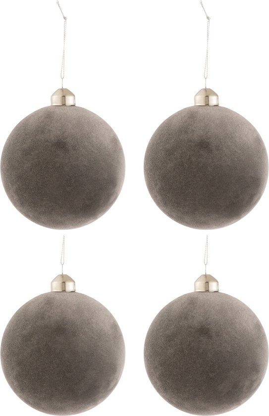 J-Line kerstbal - fluweel/glas - grijs - medium - doos van 4