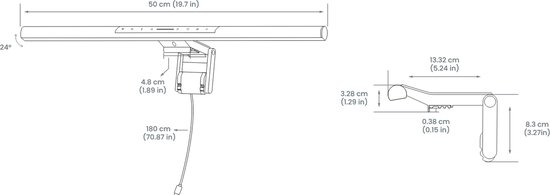 Technische tekening met afmetingen van de zilverwitte BenQ Screenbar Pro monitorlamp in centimeters en inches.