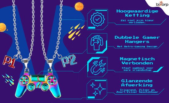 Twee magnetische kettingen met gamecontroller hangers. Een hanger is een iriserende controller met 'P1'. De andere is een gouden controller met 'P2'.