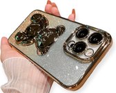 Telefoonhoesje Glitter - Geschikt voor iphone 14pro - Met 3d luxe beer standaard - Schokbestendig - Transparant - Kleur Goud