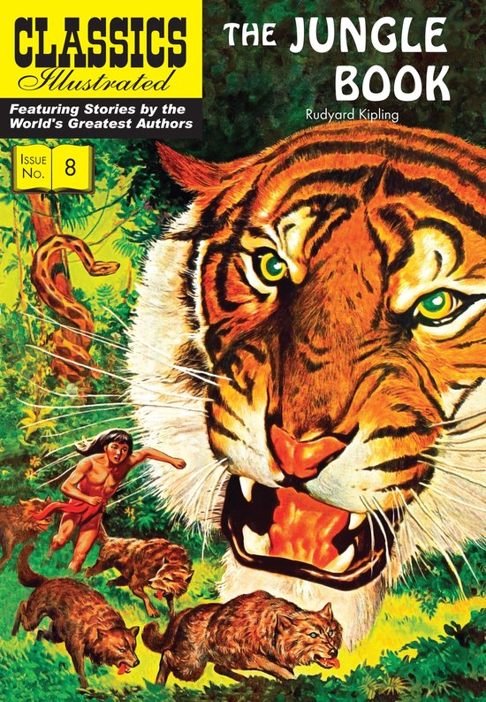Couverture de Classics Illustrated The Jungle Book avec une tête de tigre, un garçon courant et des loups dans la jungle.