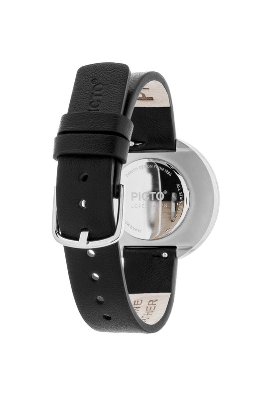 Achterkant van een zwart lederen Picto horloge met zilverkleurige kast en merkdetails.