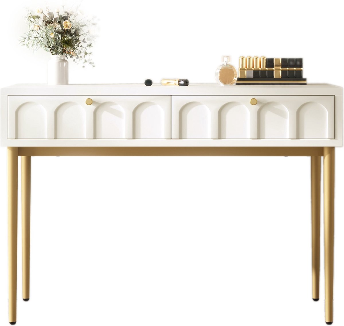 Merax Kaptafel met 2 Lades – Luxe Make-uptafel – Crème Wit met Goud