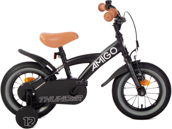 AMIGO Thunder Jongensfiets 12 Inch - Kinderfiets voor 2 tot 4 Jaar - 90-105 cm - Met Zijwieltjes - Zwart/Wit