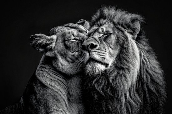 Lion's Couple II - 90cm x 60cm - Fotokunst op akoestisch schilderij | Wanddecoratie