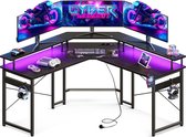Gaming-bureau met led verlichting, stopcontacten, USB-poorten, monitorplank - Zwart 129 x 129 cm