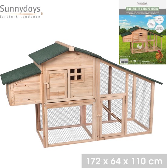 Sunnydays Chicken Run - Chicken Run - Poulailler - Bois - 172 x 64 x 110cm