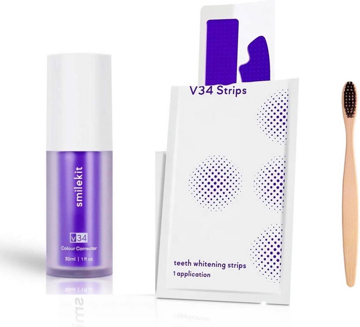 Goedkoopste SmileKit Tandenbleekset -V34 Colour Corrector en 14 stuks V34 Whitening Strips - Nu inclusief tandenborstel- Hismile -Tandenblekers Zonder Peroxide - Teeth Whitening - Glorysmile - Tanden Bleken - Witte Tanden