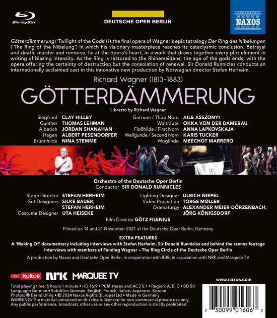Richard Wagner Götterdämmerung Blu-ray met orkest en solisten op een podium, tekst in het Nederlands en Engels.