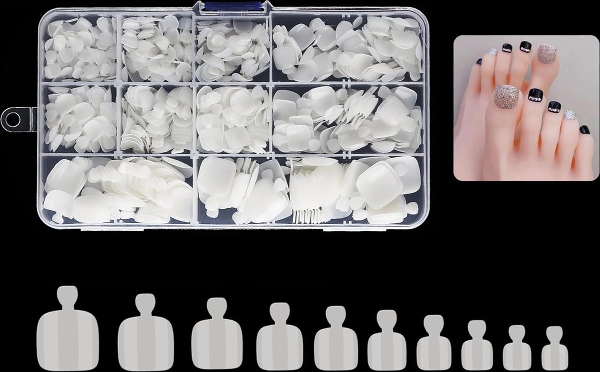 Goedkoopste 500 stuks valse teennagels in 10 maten met doos, natuurlijke acryl valse teennagels, kunstnagels, nageltips, volledige afdekking voor dames en meisjes, nagelstudio's en nagelkunst, doe-het-zelf