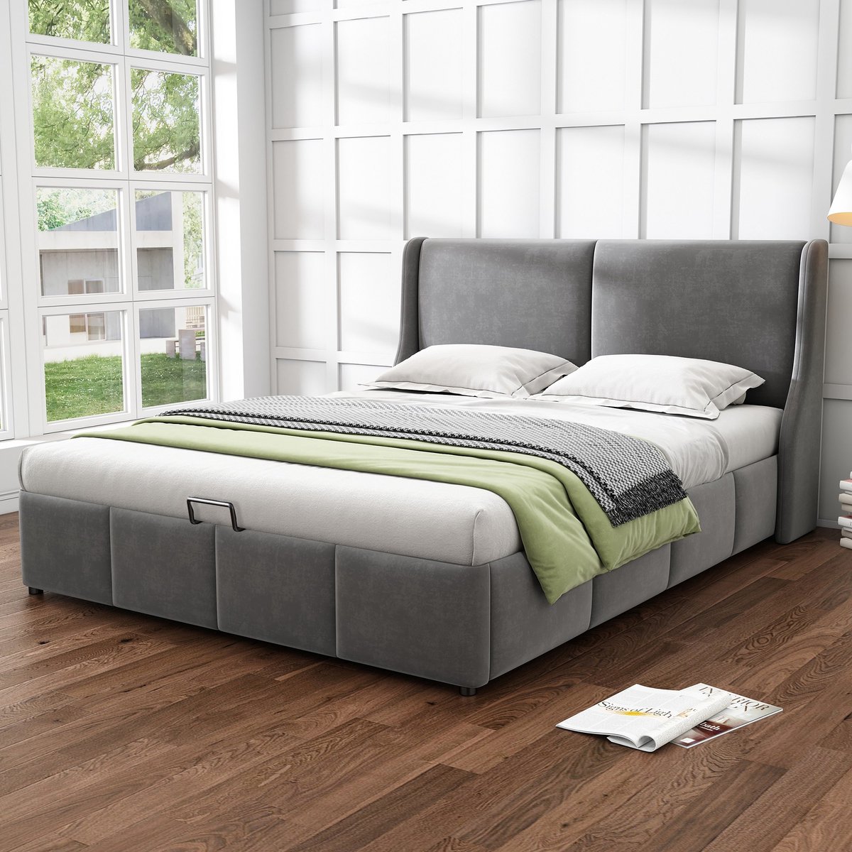 Sweiko Kussen bed, oorvormig gewatteerd hoofdeinde, tweepersoonsbed, hydraulisch functiebed, 140 x 200cm, Grijs