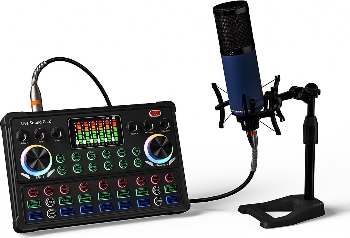RUBEHOOW Condensatormicrofoonkit met DJ-mixer en Geluidskaart voor Live Streaming, Opname, PC, Karaoke en Stemvervorming