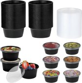 50 stuks plastic containers met deksels, 50 ml plastic sauspotten, ronde kruidenpotten, herbruikbare potjes, lekvrije voedselopslag voor afhaalmaaltijden, dips, salades, magnetron en