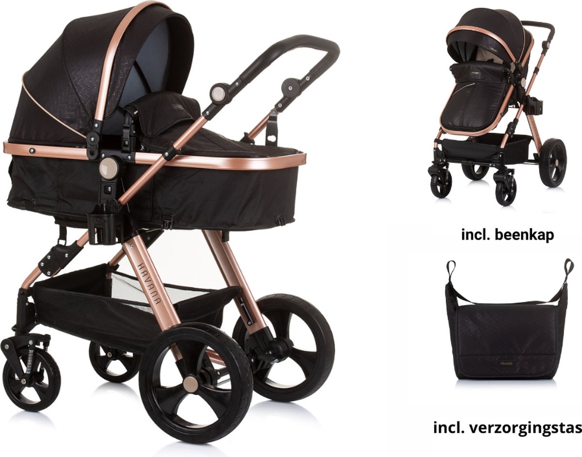 Chipolino Havana Kinderwagen - 2-in-1 - Obsidian/Gold -Inclusief: gevoerde voetenzak, verzorgingstas, boodschappenmand, muskietennet en bekerhouder - Chipolino - €149,99