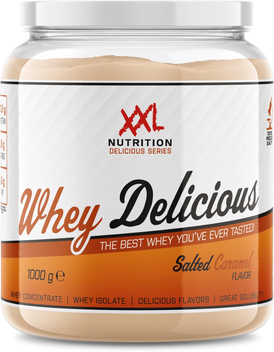 Goedkoopste XXL Nutrition - Whey Delicious - 80 Eiwit - Salted Caramel / Karamel Zeezout - Wei Eiwitpoeder met BCAA & Glutamine, Proteine Poeder, Eiwit shake, Whey Protein - Diverse Smaken - 1000 gram (33 shakes