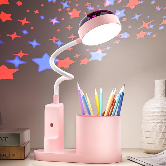 SHOP YOLO-lampe de bureau enfant-LED-lampe de chevet-gradable-niveaux de luminosité-lampe rechargeable-col de cygne-lampe d'étude avec porte-stylo-projection d'étoiles