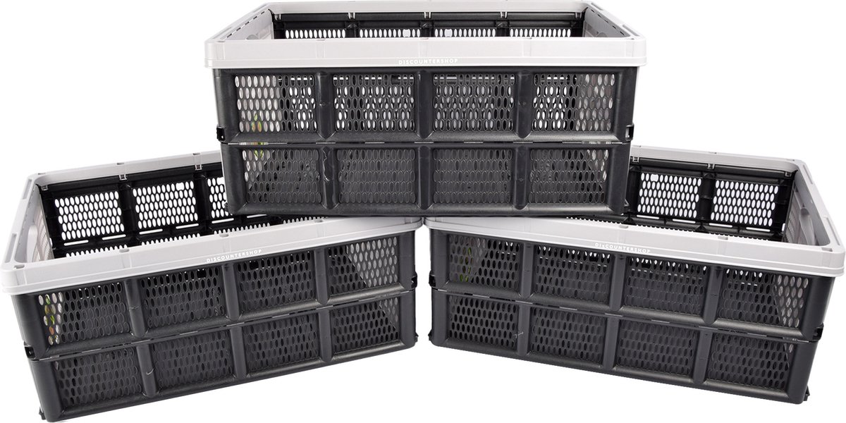 Set van 3 Opvouwbaar Vouwkrat Grijs (32 Liter) - Booschappenkisten Met Handgrepen - Gemaakt van Gerecycled Plastic (50x21x33 cm)