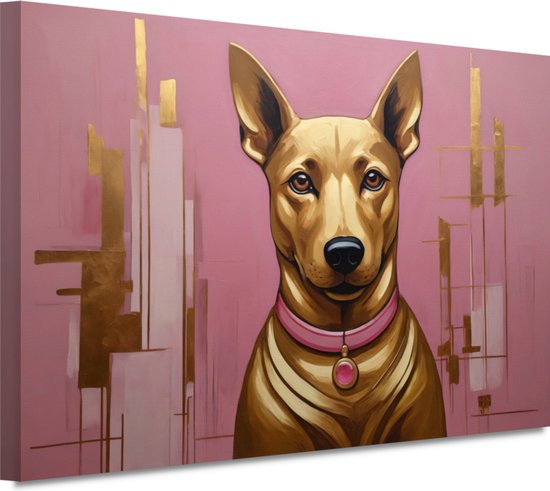 Hond wanddecoratie - Dier portret - Muurdecoratie Goud - Schilderij vintage - Canvas - Schilderijen 90x60 cm