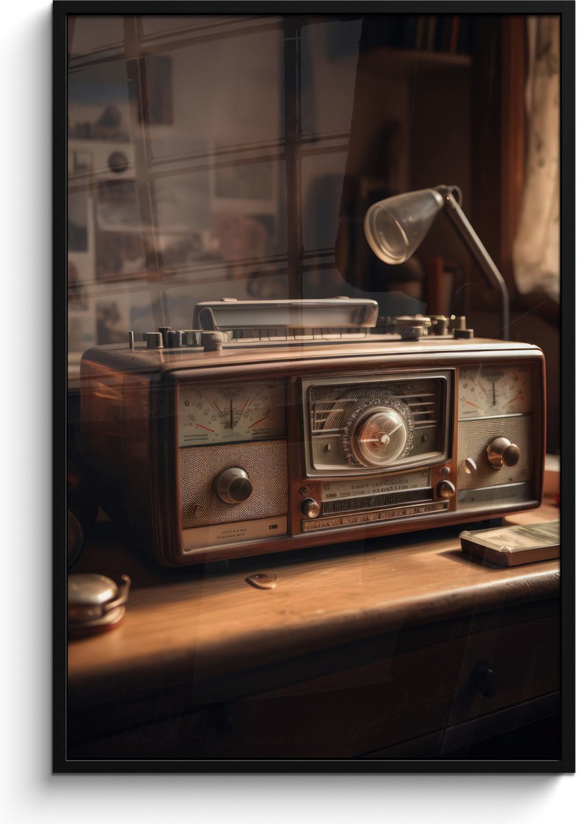 FrameYourWall Poster in lijst - Fotolijst 80x120 cm - Posters - Vintage - Radio - Oud - Bureau - Lamp - Posterlijst zwart - Decoratie - Wanddecoratie woonkamer - Muurdecoratie slaapkamer
