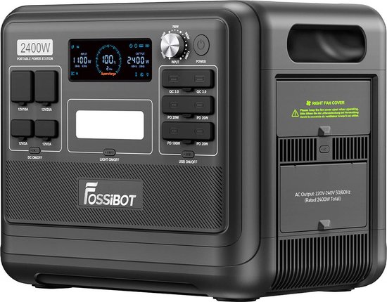 FOSSiBOT F2400 draagbare energiecentrale, 2048Wh/640000mAh LiFePO4 batterij, 2400W (4600W piek) zonnegenerator, 3xAC RV auto USB Type-C QC3.0 PD DC5521 zuivere sinusgolf volledige verkooppunten, 1,5 uur snel opladen - Zwart