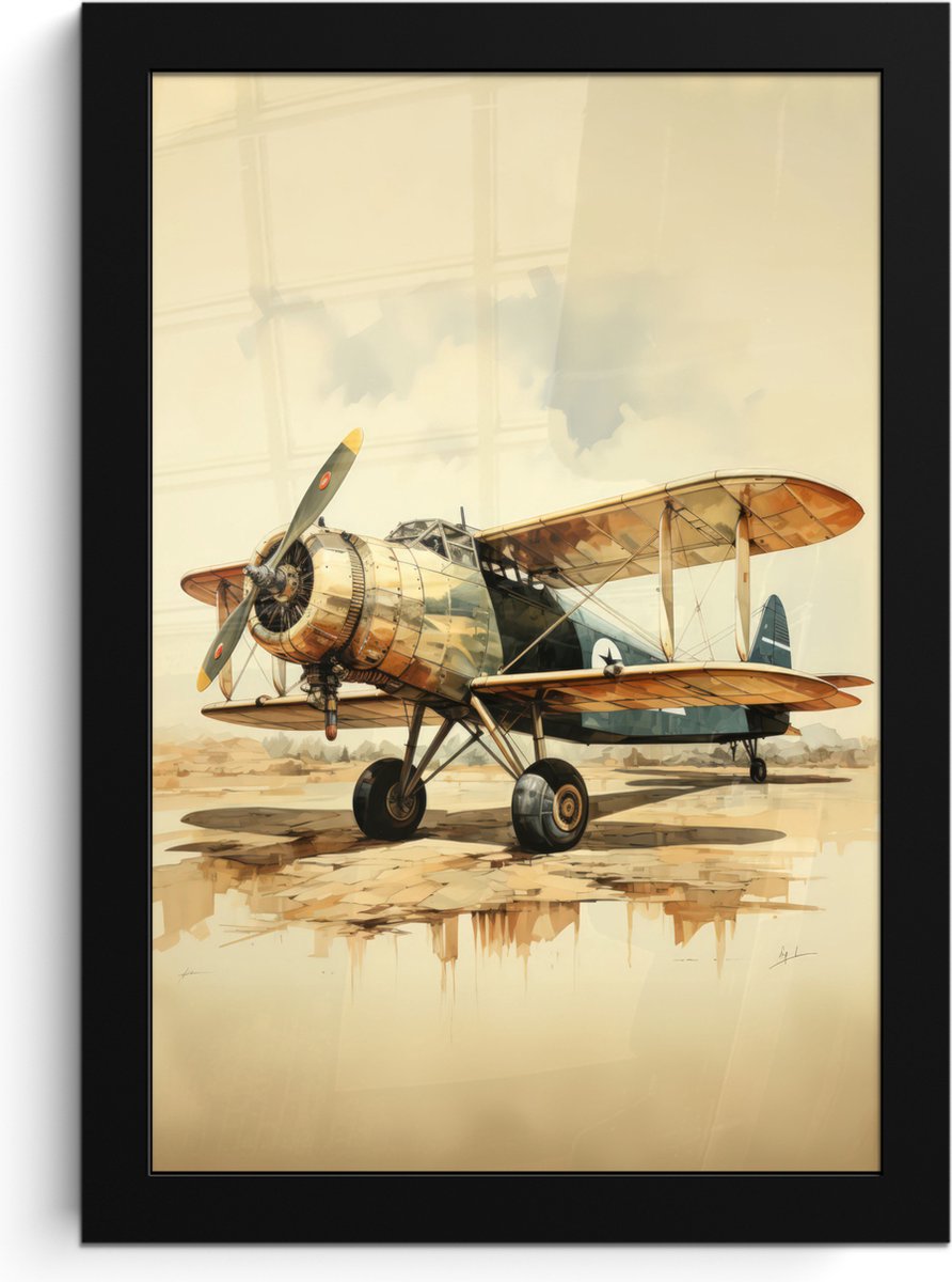 FrameYourWall Poster in lijst - Fotolijst 20x30 cm - Posters - Vintage - Vliegtuig - Water - Beige -Voertuig - Posterlijst zwart - Decoratie - Wanddecoratie woonkamer - Muurdecoratie slaapkamer